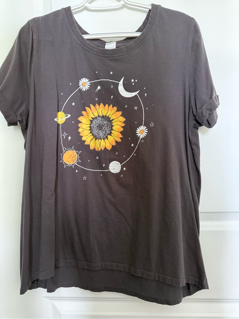 Trendy boutique Charcoal Tee with Yellow Sunflower & White Celestial Motif